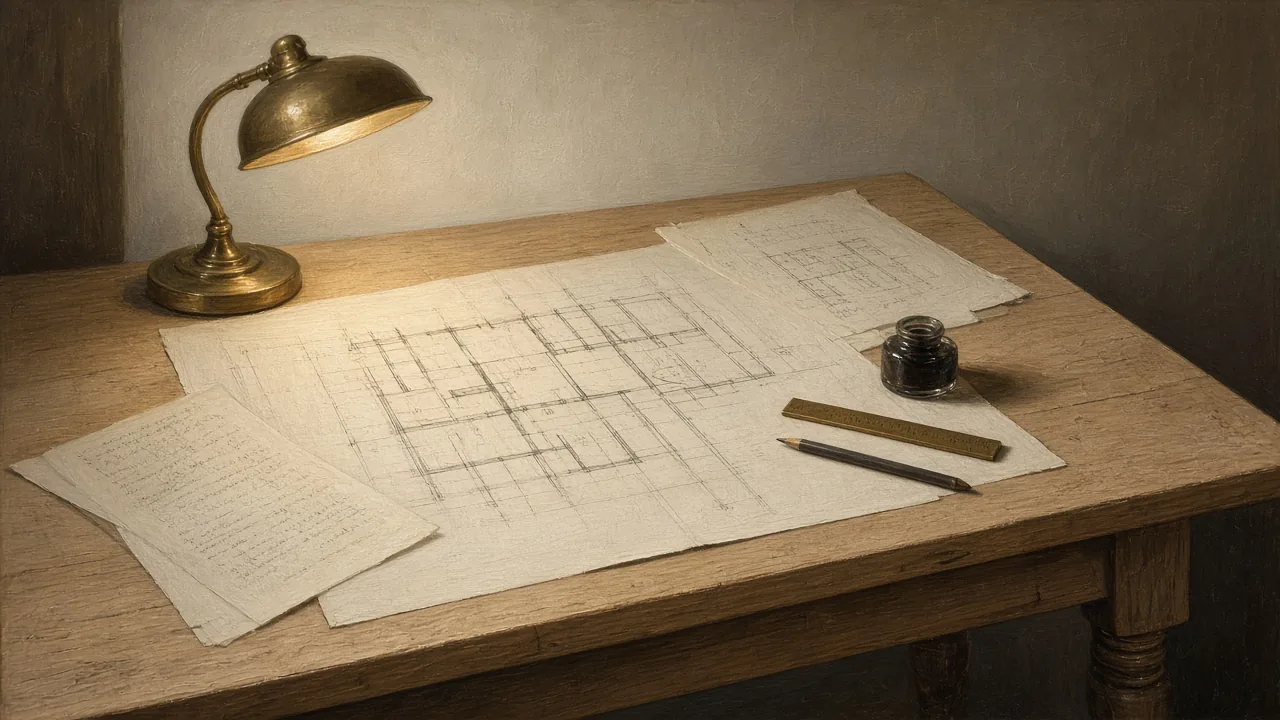 Oil painting of a lamp-lit oak table with plans, a pencil and an inkwell — a source made consistent in quiet light.