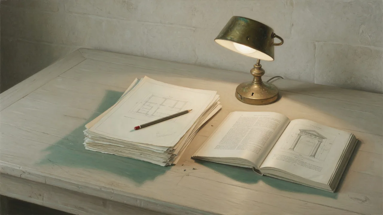 Oil painting of a worktable with papers, a pencil and a brass lamp — work made readable in quiet light.