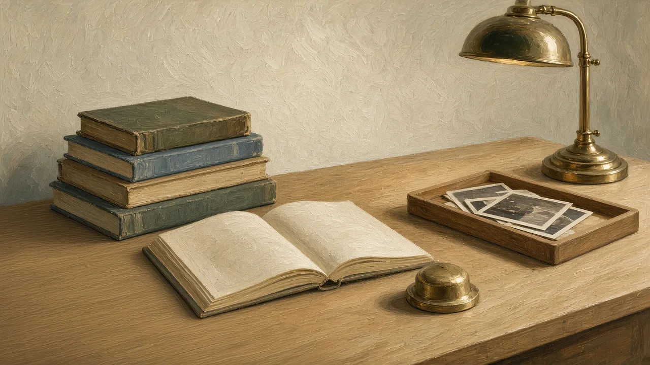 Oil painting of cloth-bound books and an open signature on a pale oak publishing table.