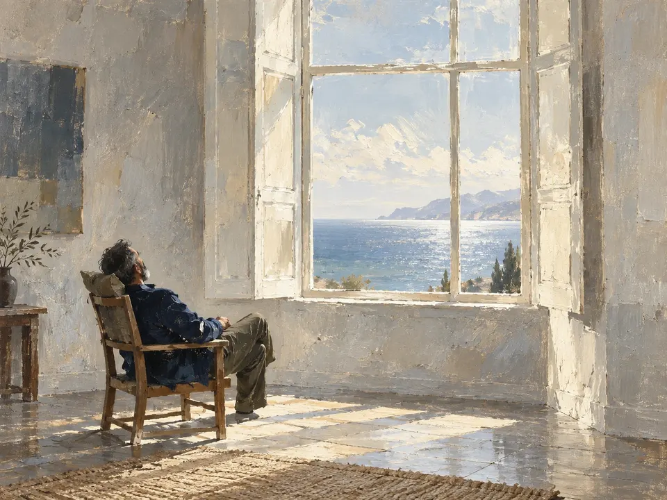 Oil painting of a quiet window seat and an open book in late light.